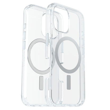Symmetry MagSafe cover til iPhone 16, gennemsigtig med synlig magnetring, linjestyr og præcise udskæringer til kamera og knapper.