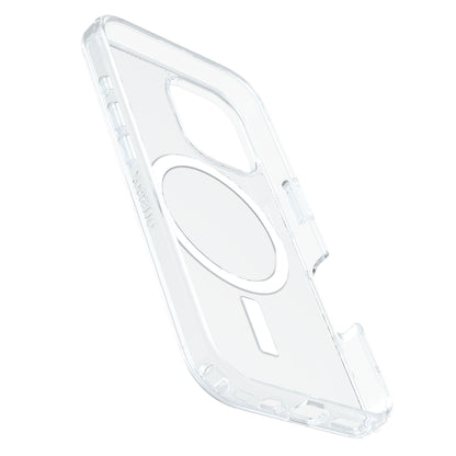 Otterbox Symmetry MagSafe cover til iPhone 16 Klar gennemsigtig med forstærkede hjørner, MagSafe-ring og præcise udskæringer.