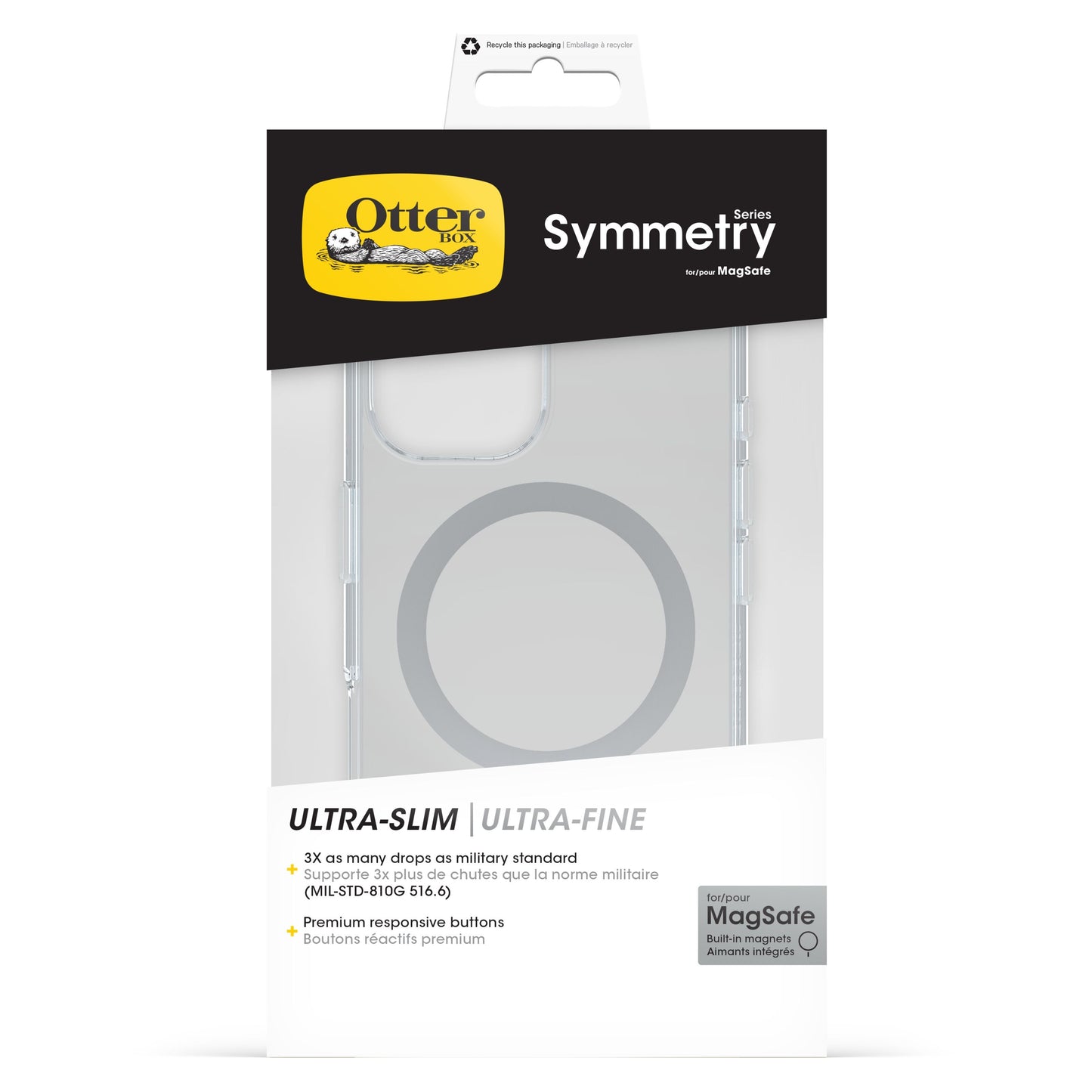 Otterbox Symmetry MagSafe cover til iPhone 16 Klar i emballage viser ultratyndt design, MagSafe og dropbeskyttelse.