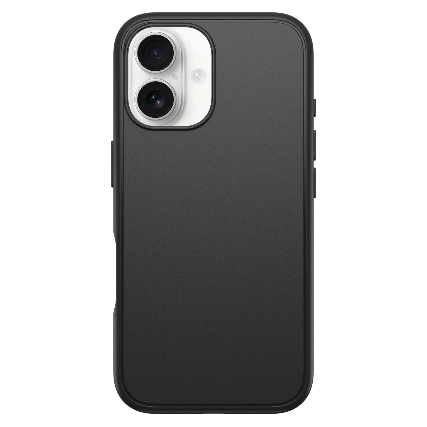 Otterbox Symmetry MagSafe cover til iPhone 16 sort, DROP+ certificeret med synlige sideknapper og dobbelt kamerahul.