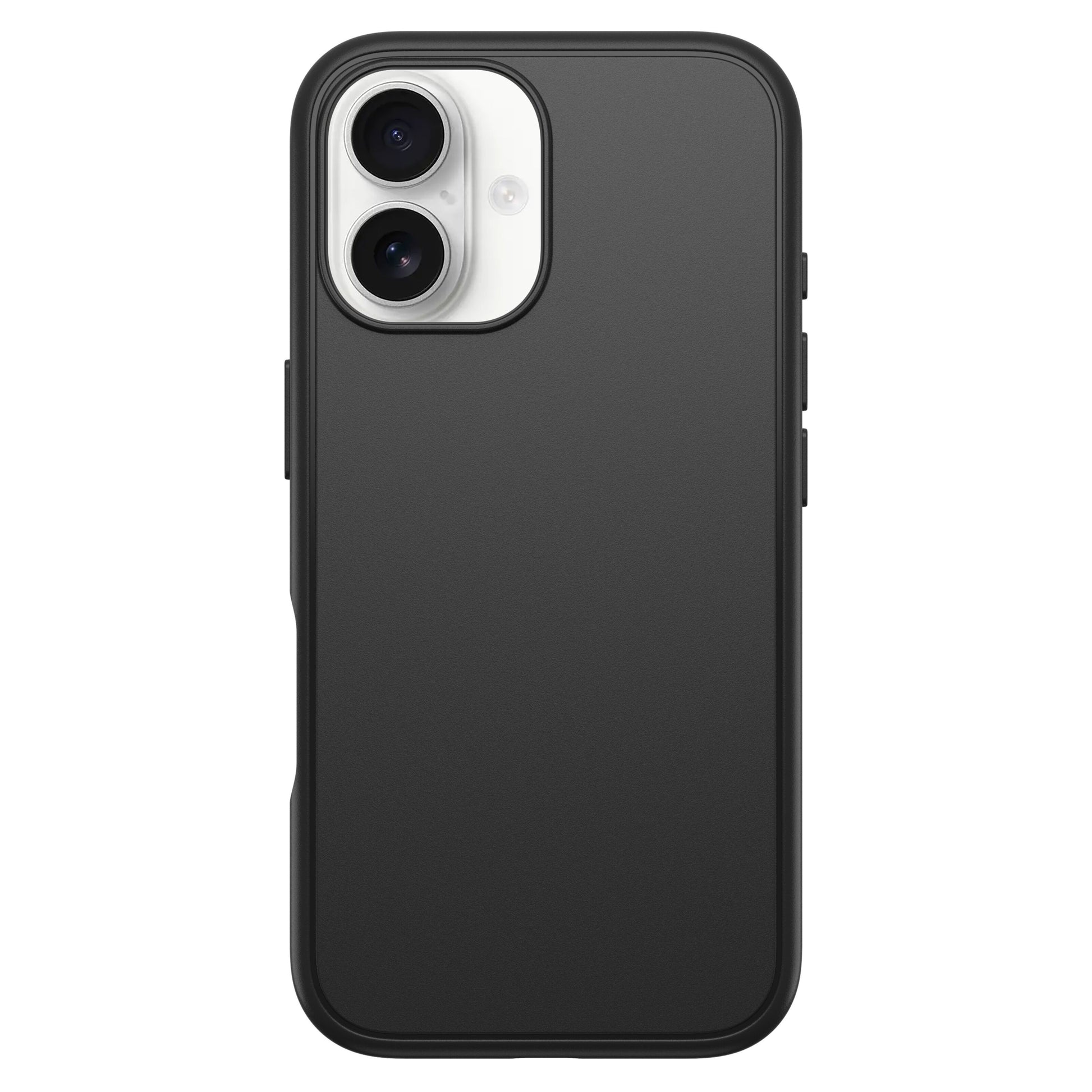 Otterbox Symmetry MagSafe cover til iPhone 16 sort, DROP+ certificeret med synlige sideknapper og dobbelt kamerahul.