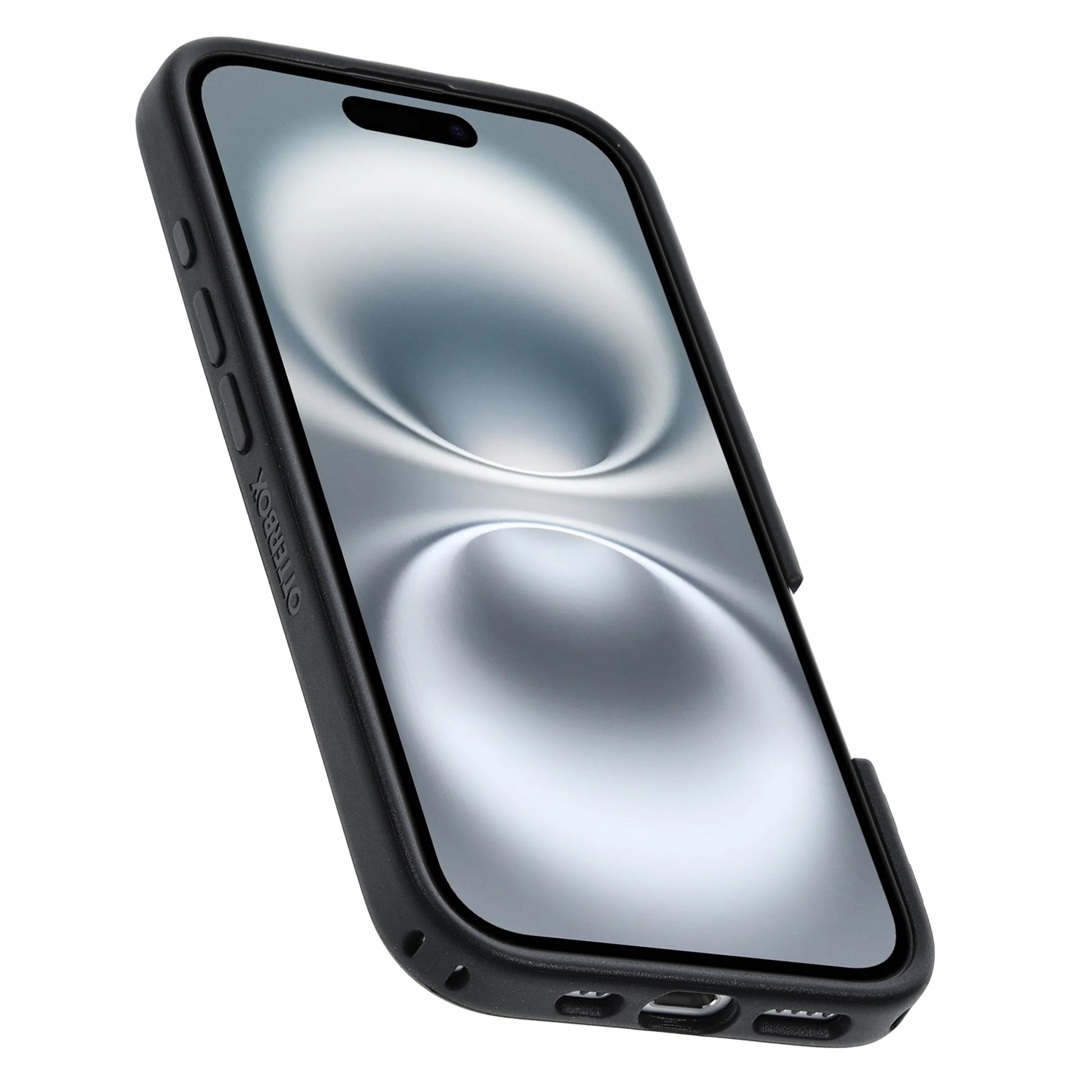 Otterbox Symmetry MagSafe cover til iPhone 16 sort, synlig opladningsport, knapper og højtaler, DROP+ certificeret.
