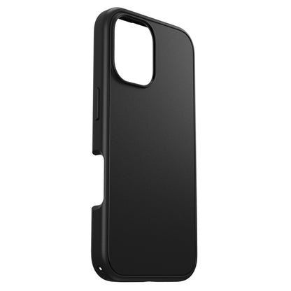 Otterbox Symmetry MagSafe cover til iPhone 16 sort, glatte kanter og kamerahul, vist fra vinkel.