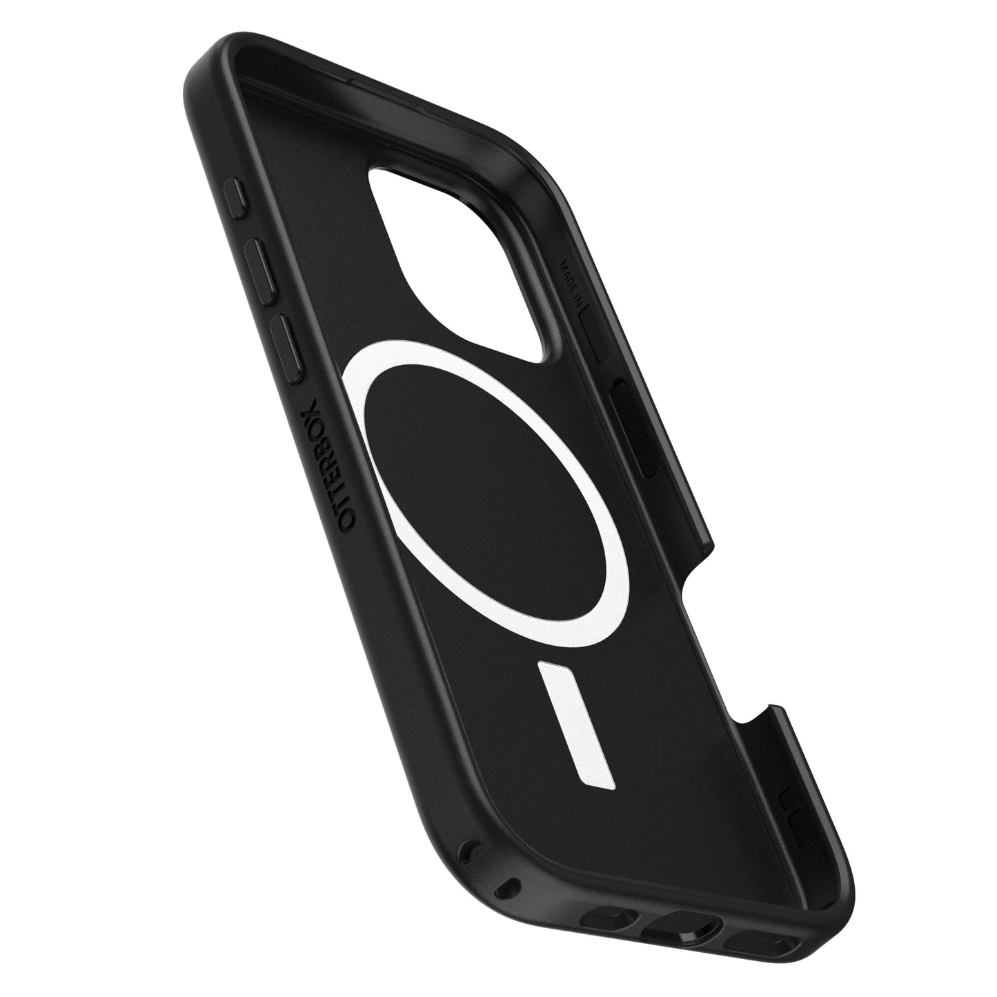 Otterbox Symmetry MagSafe cover til iPhone 16 sort med hvid MagSafe-ring, udskæringer til knapper, porte og kamera.