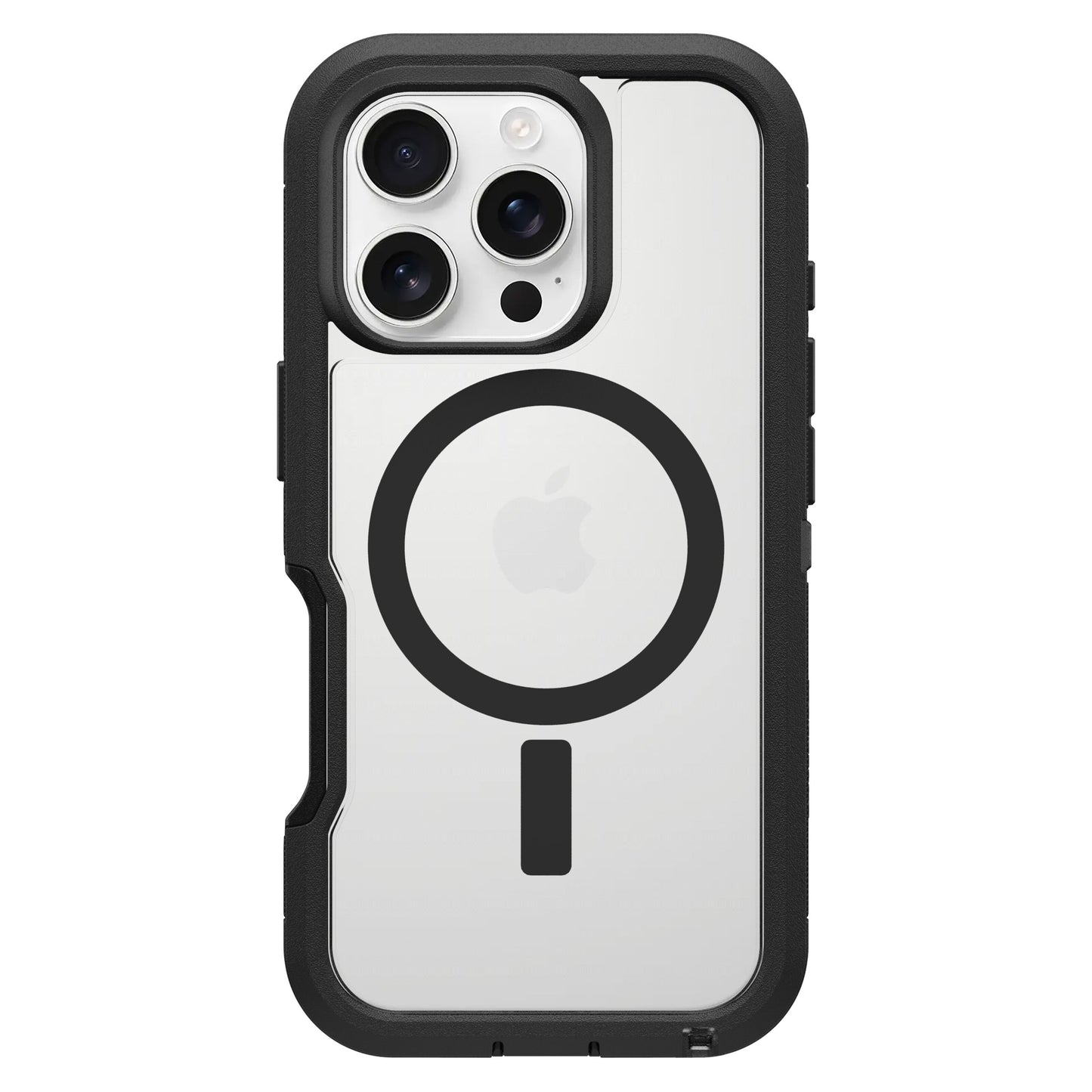 Otterbox Defender XT Dark Side Robust cover til iPhone 16 Pro sølv med faldsikring, gennemsigtig bagside, Apple-logo, MagSafe cirkel.