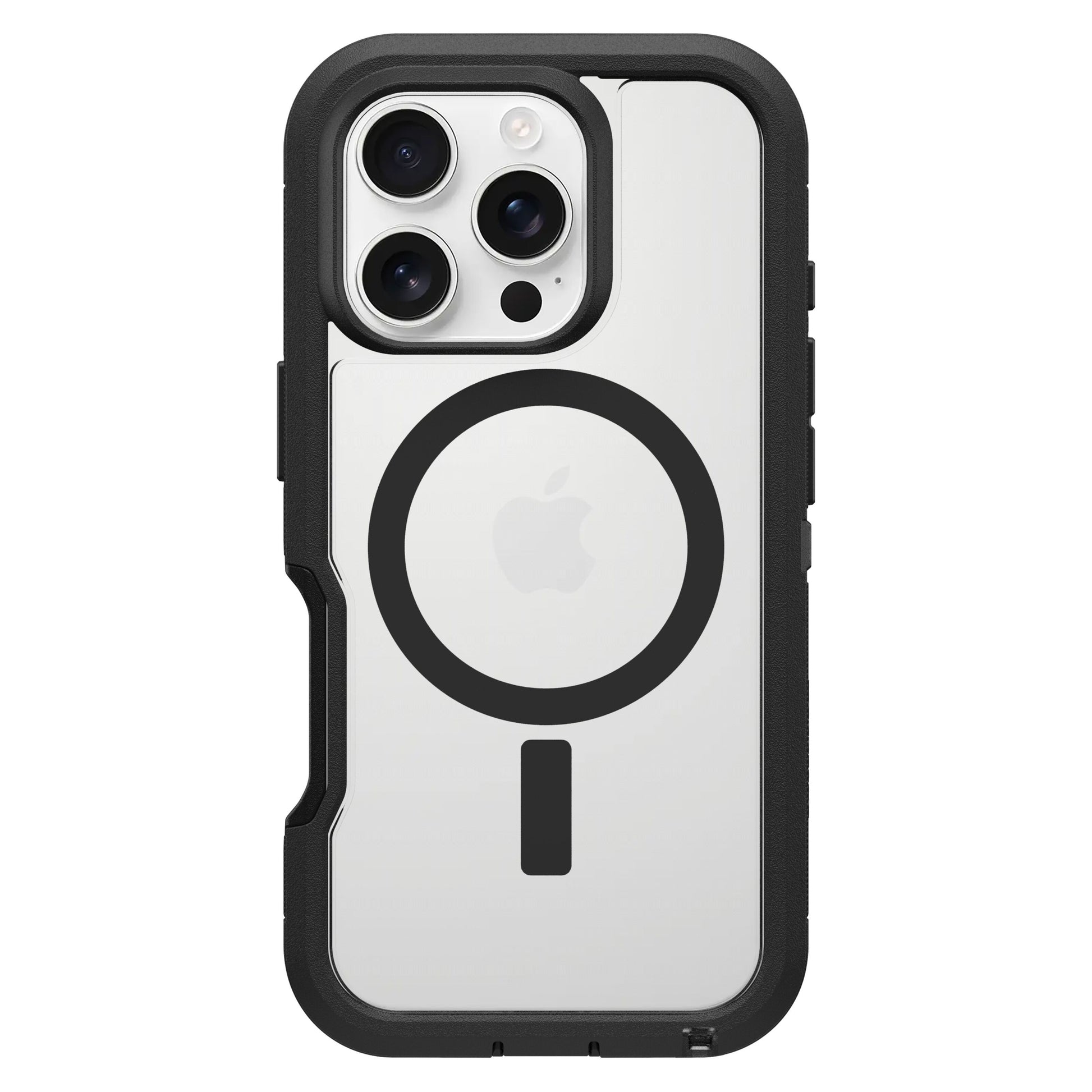 Otterbox Defender XT Dark Side Robust cover til iPhone 16 Pro sølv med faldsikring, gennemsigtig bagside, Apple-logo, MagSafe cirkel.