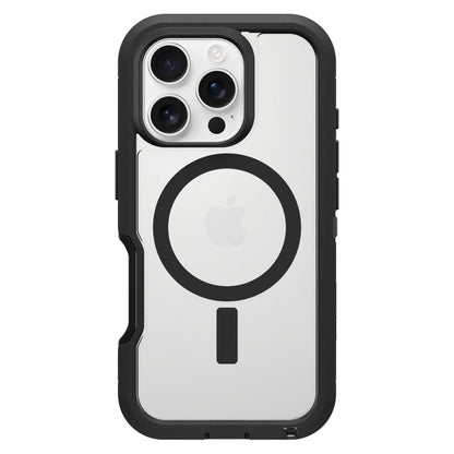 Otterbox Defender XT Dark Side Robust cover til iPhone 16 Pro sølv med faldsikring, gennemsigtig bagside, Apple-logo, MagSafe cirkel.
