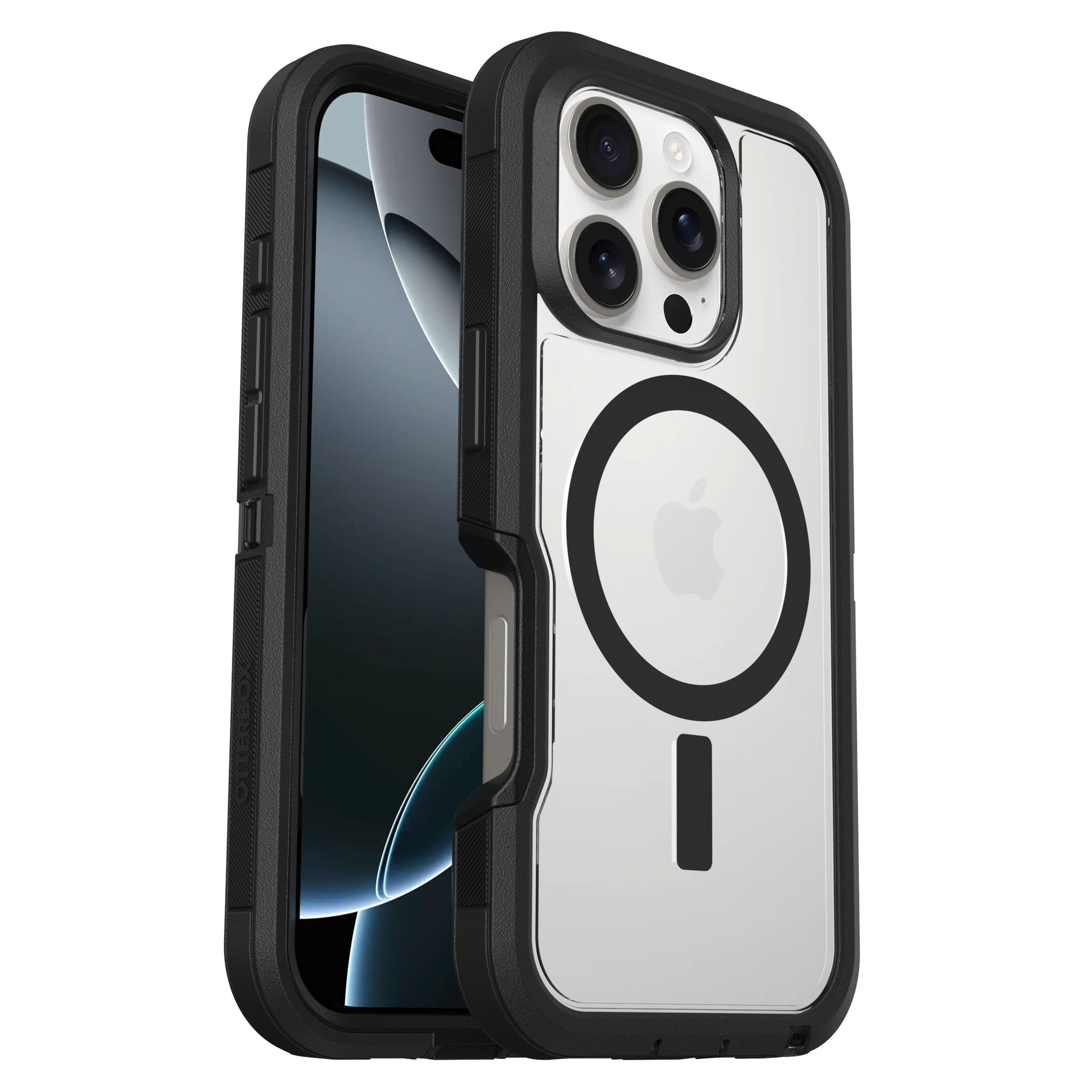 Defender XT Dark Side cover til iPhone 16 Pro, sort/transparent, faldsikring, synligt MagSafe-logo for/bagside.