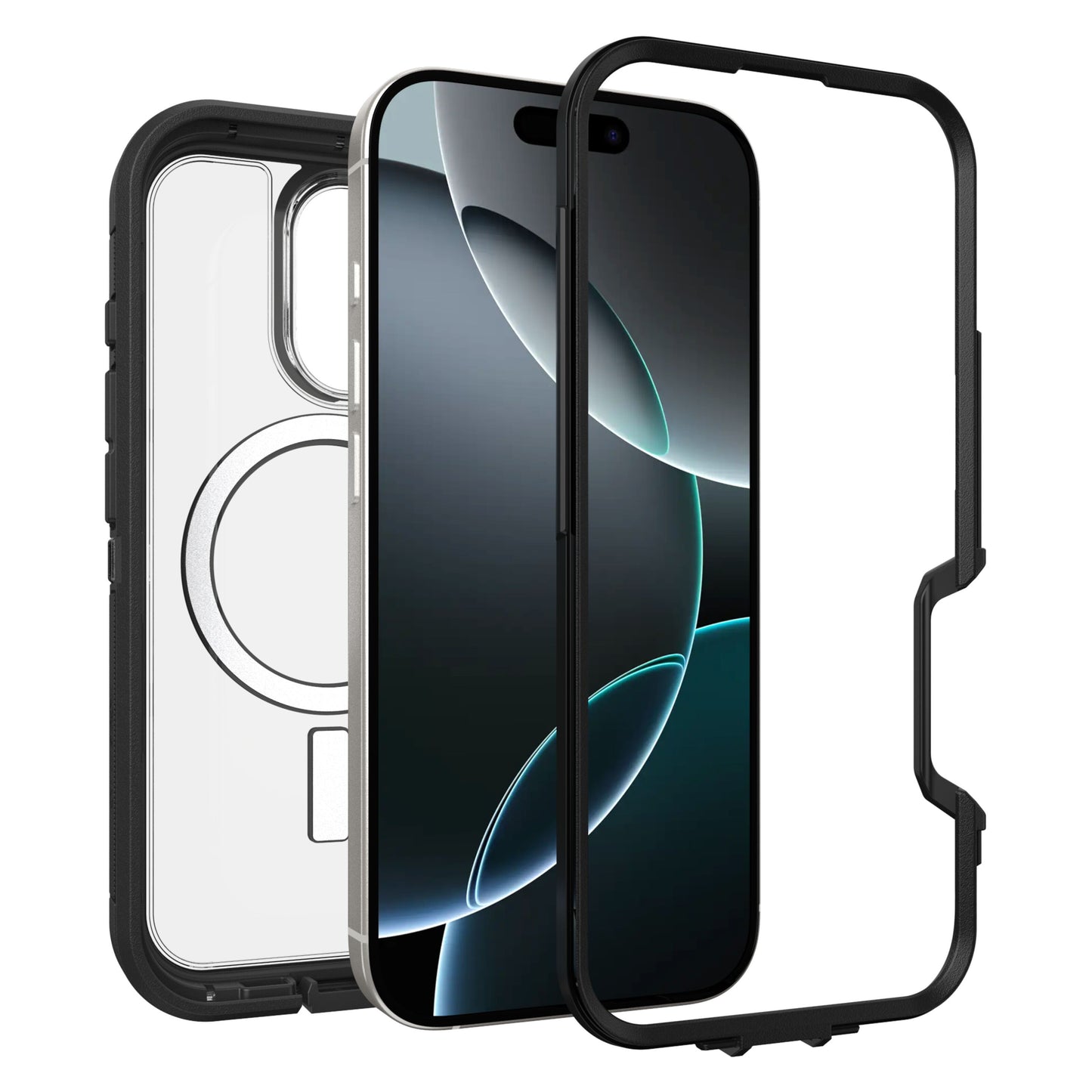 Otterbox Defender XT Dark Side cover til iPhone 16 Pro, tre dele: klar bagside, sort ramme, telefon med mørk skærm.