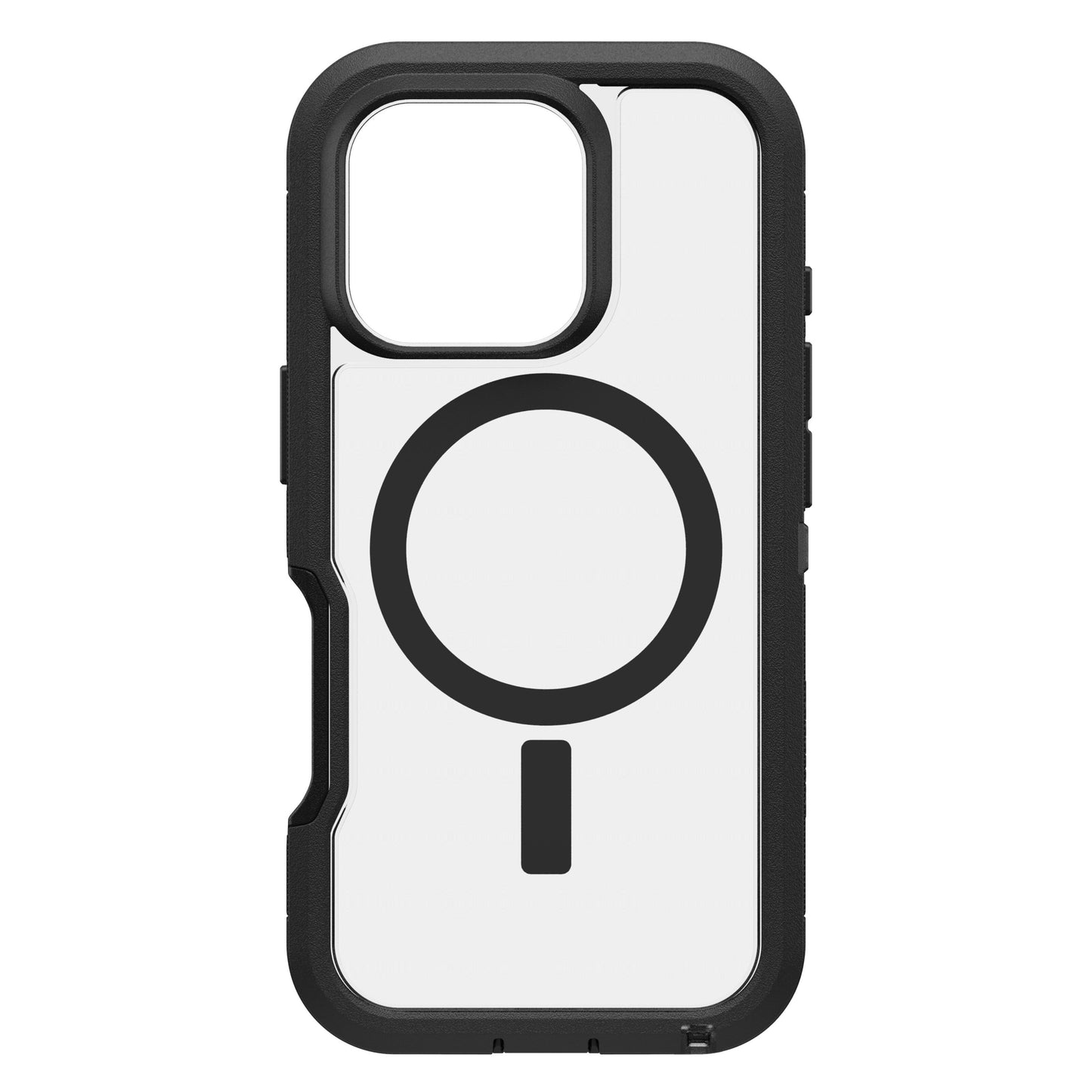 Otterbox Defender XT Dark Side cover til iPhone 16 Pro med faldsikring, sorte kanter, klar bagside, sort MagSafe-symbol.