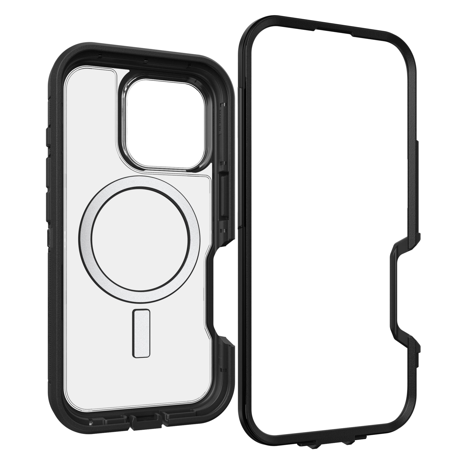 Otterbox Defender XT Dark Side cover til iPhone 16 Pro, sort/klar, to-delt MagSafe med faldsikring og klar frontramme.