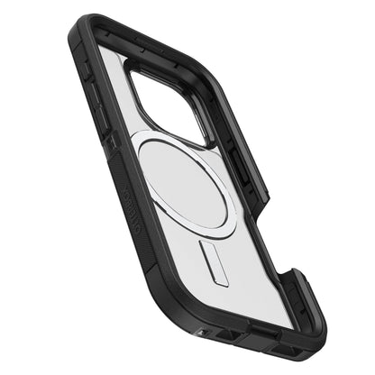 Otterbox Defender XT Dark Side cover til iPhone 16 Pro med sorte kanter, gennemsigtig bagside, MagSafe, præcise udskæringer.