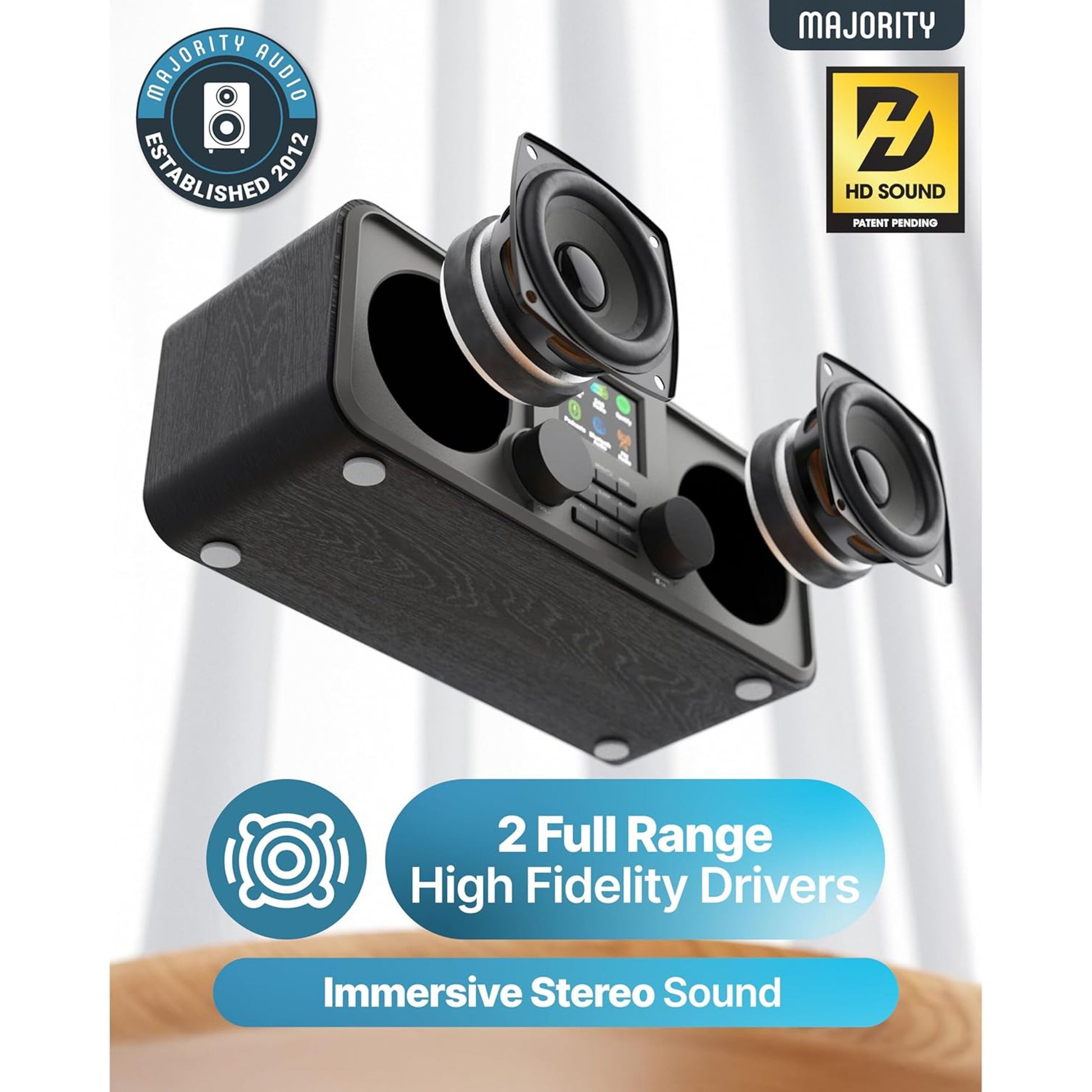 Majority Rostock sort stereo-højttaler med to synlige full-range drivere, HD-lyd, Spotify Connect og Majority-logo.