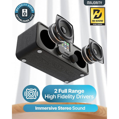 Majority Rostock sort stereo-højttaler med to synlige full-range drivere, HD-lyd, Spotify Connect og Majority-logo.