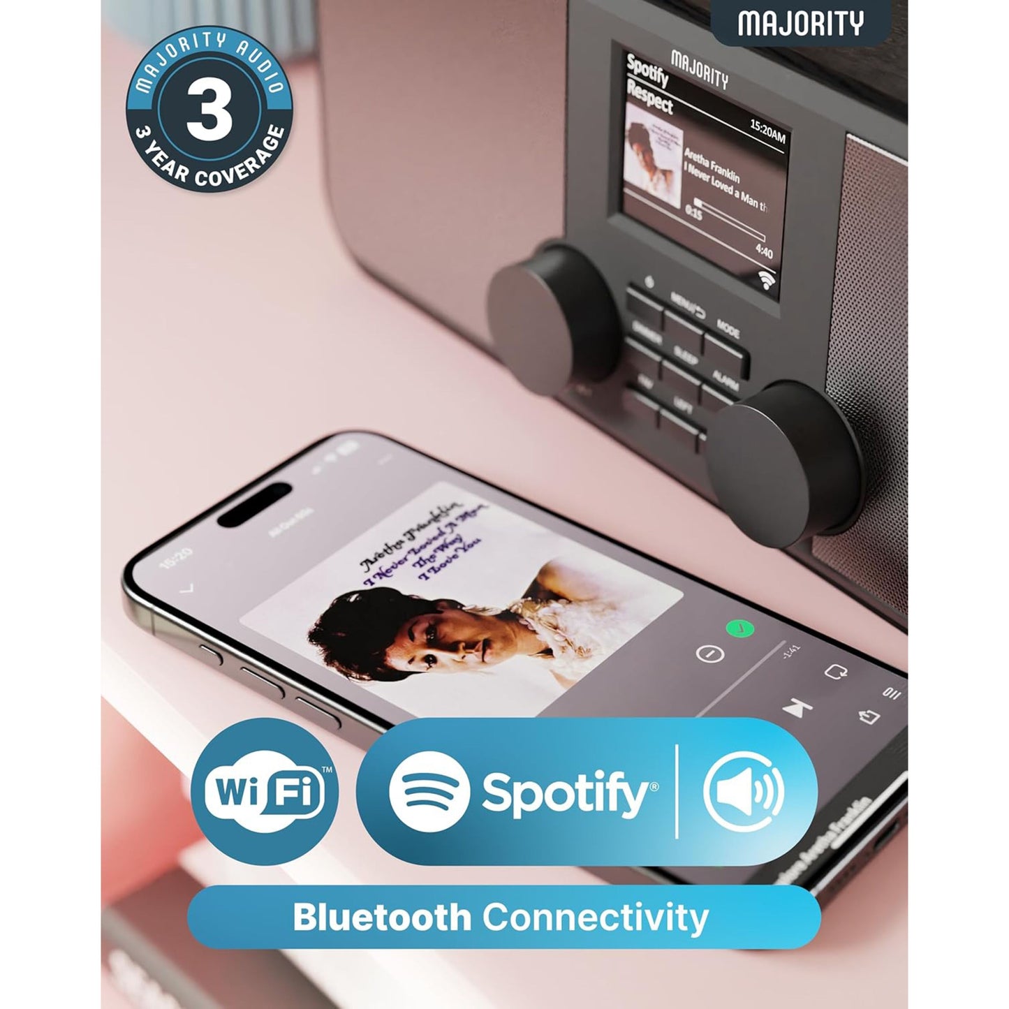 Majority Rostock internetradio med Spotify Connect, Bluetooth, WiFi og DAB+ badge med 3 års garanti vises.