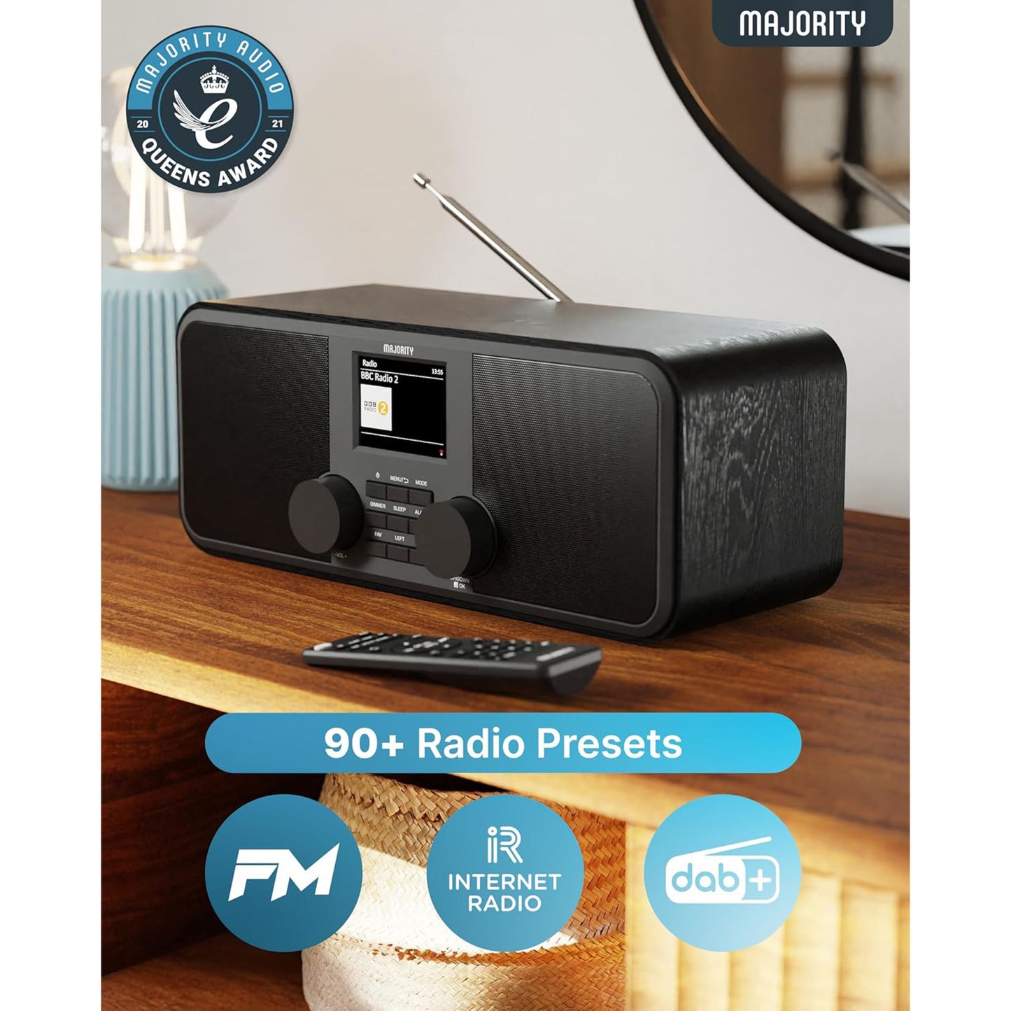 Majority Rostock internetradio sort med DAB+, FM, display, to knapper, fjernbetjening, 90+ forudindstillinger.