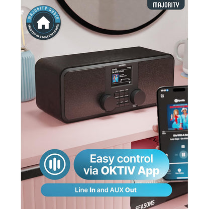 Majority Rostock internetradio med Spotify Connect, vises sammen med smartphone med OKTIV app, tekst: Line In, AUX Out.
