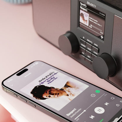 Rostock internetradio med Spotify Connect, viser Aretha Franklin-albumcover og sanginfo, DAB+ viser samme spor.