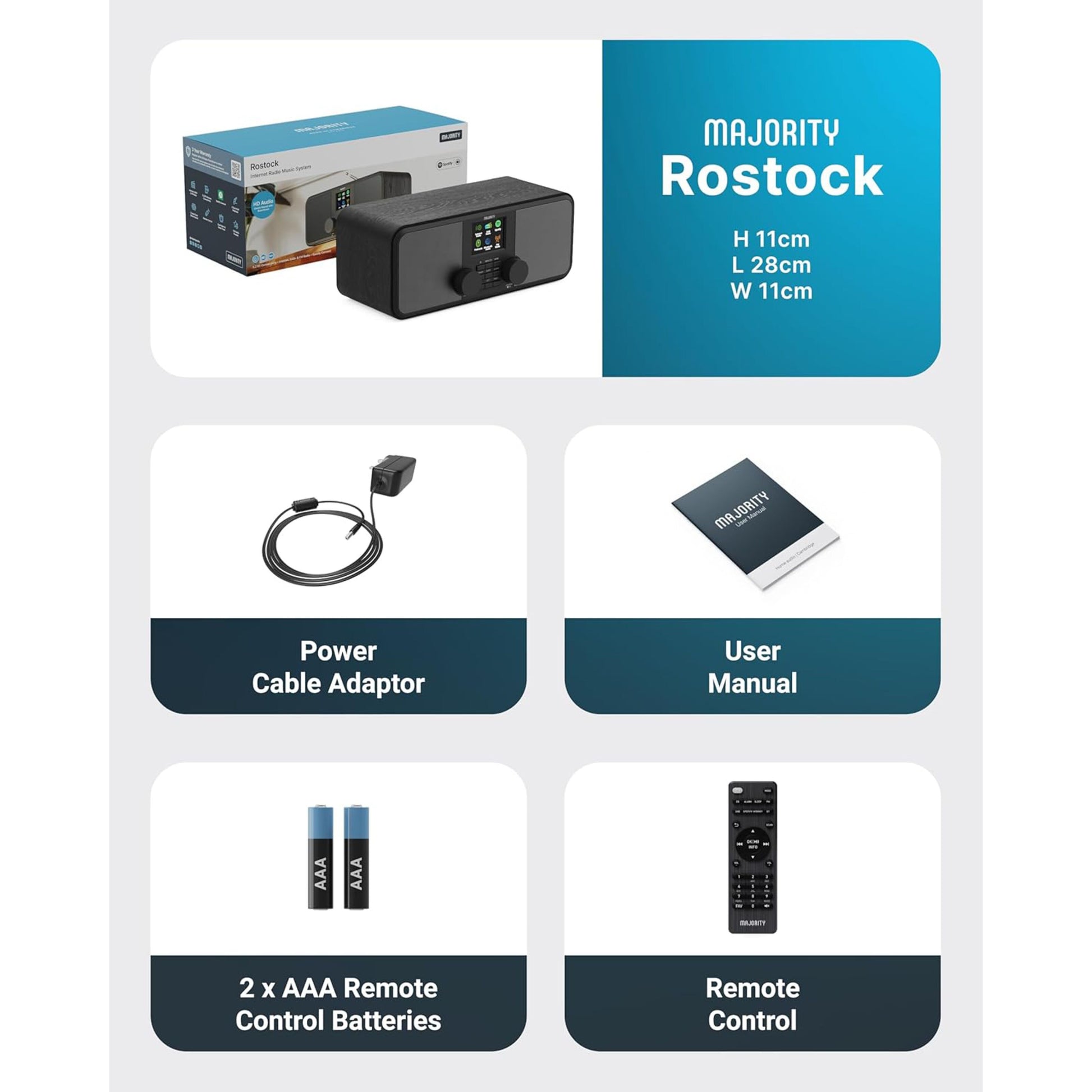 Majority Rostock internetradio med Spotify Connect, fjernbetjening, strømforsyning, manual, 2xAAA batterier, 11x28x11cm.