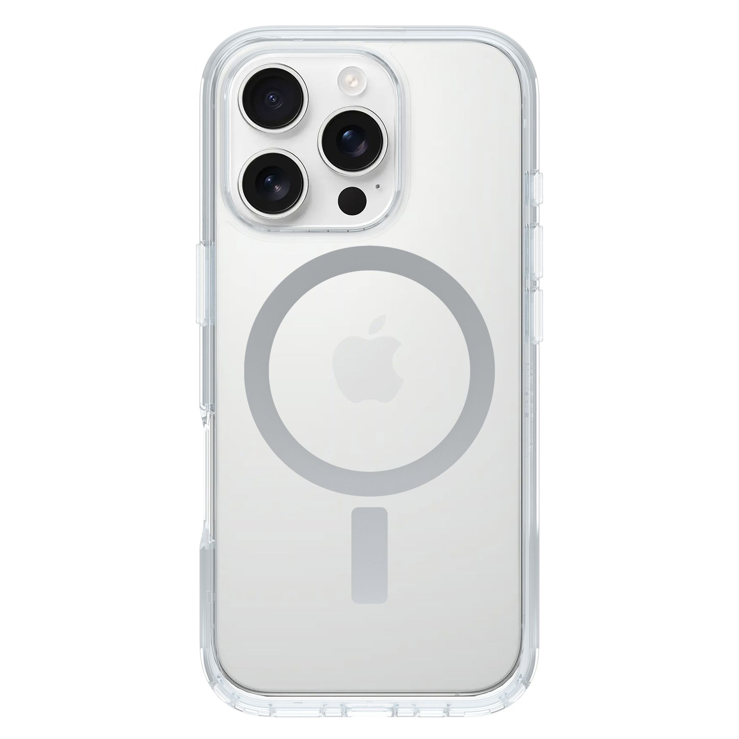 Otterbox Symmetry MagSafe cover klar til iPhone 16 Pro ses på sølv iPhone, transparent med synligt Apple-logo og MagSafe-ring.