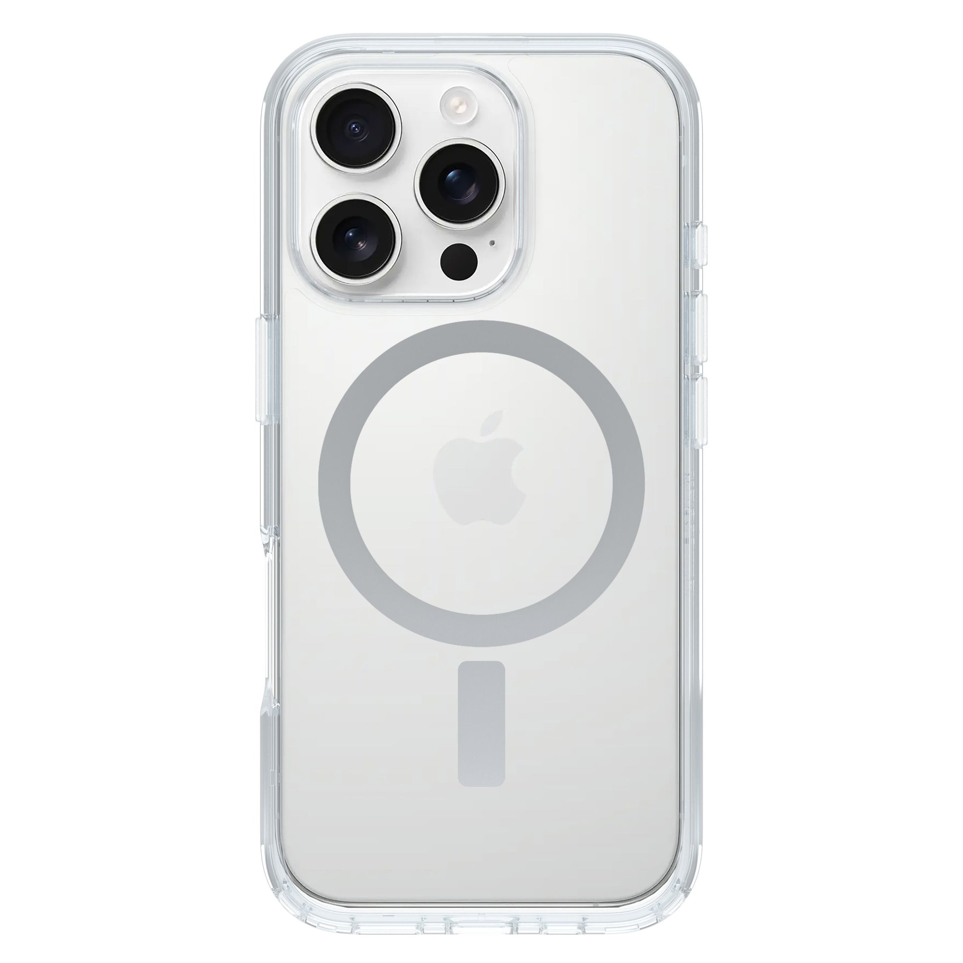 Otterbox Symmetry MagSafe cover klar til iPhone 16 Pro ses på sølv iPhone, transparent med synligt Apple-logo og MagSafe-ring.