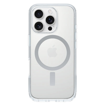 Otterbox Symmetry MagSafe cover klar til iPhone 16 Pro ses på sølv iPhone, transparent med synligt Apple-logo og MagSafe-ring.