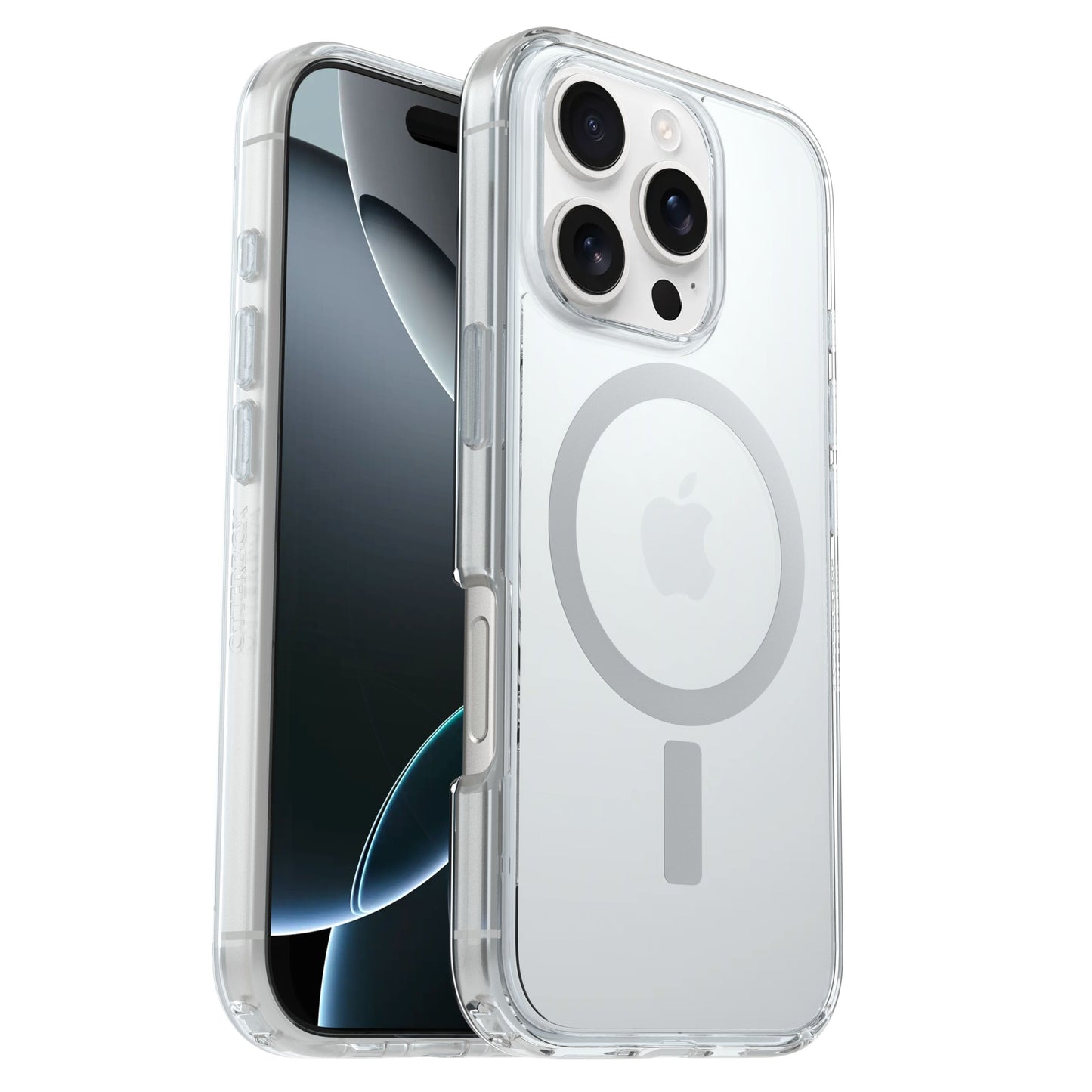 Otterbox Symmetry MagSafe cover til iPhone 16 Pro Klar med gennemsigtigt design og synlig cirkulær MagSafe-ring.