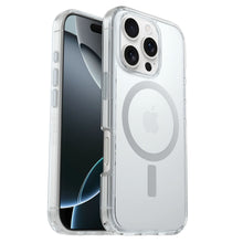 Otterbox Symmetry MagSafe cover til iPhone 16 Pro Klar med gennemsigtigt design og synlig cirkulær MagSafe-ring.