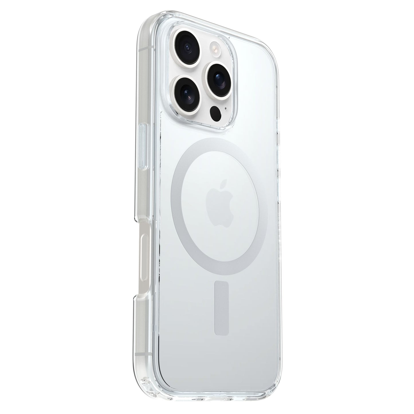 Otterbox Symmetry MagSafe cover til iPhone 16 Pro Klar på sølv iPhone med tre bagkameraer og Apple-logo.