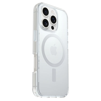 Otterbox Symmetry MagSafe cover til iPhone 16 Pro Klar på sølv iPhone med tre bagkameraer og Apple-logo.