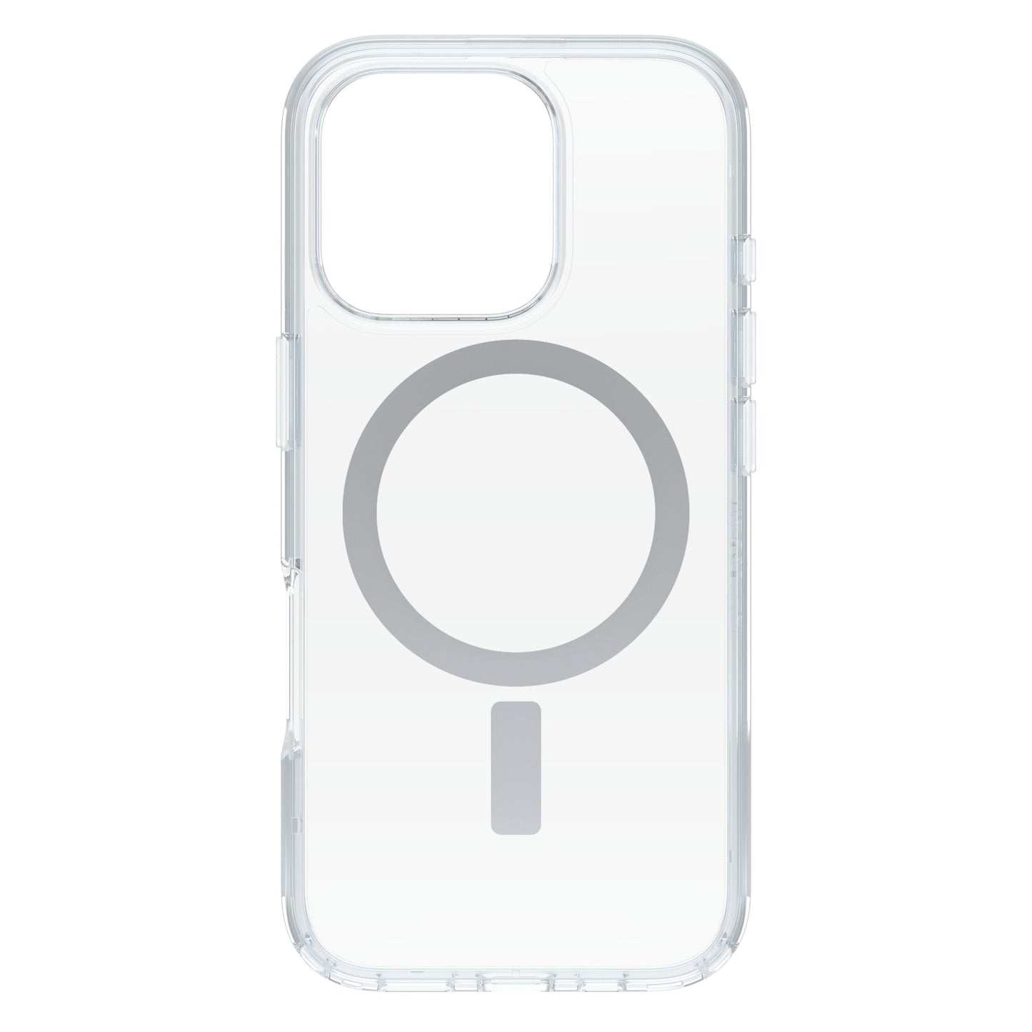 Otterbox Symmetry MagSafe cover iPhone 16 Pro klar, gennemsigtig med grå cirkel og lodret linje, præcise åbninger.