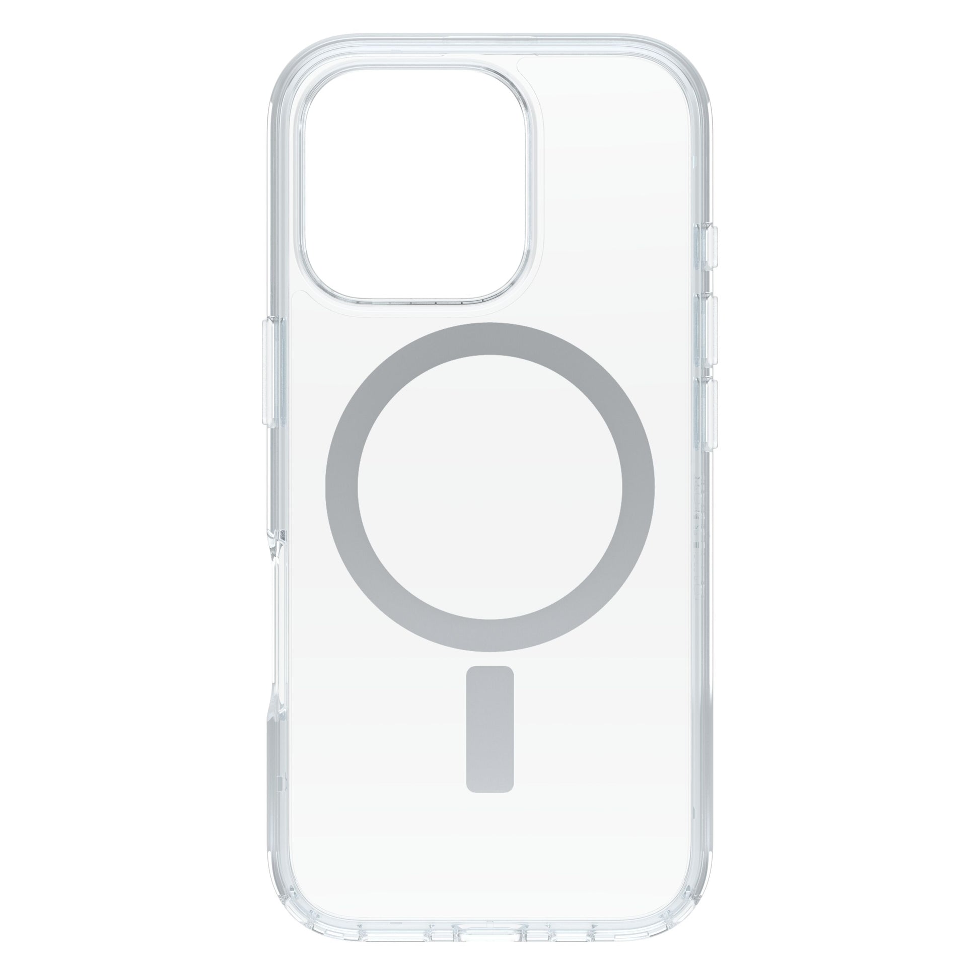 Otterbox Symmetry MagSafe cover iPhone 16 Pro klar, gennemsigtig med grå cirkel og lodret linje, præcise åbninger.