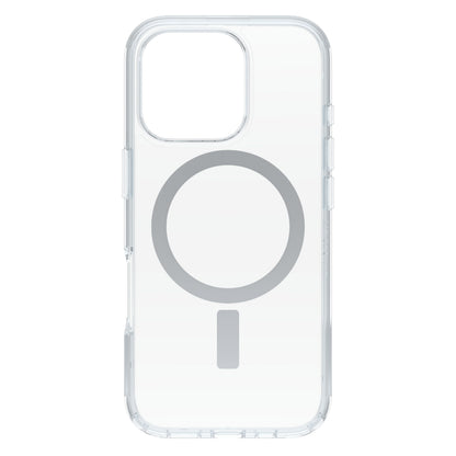 Otterbox Symmetry MagSafe cover iPhone 16 Pro klar, gennemsigtig med grå cirkel og lodret linje, præcise åbninger.
