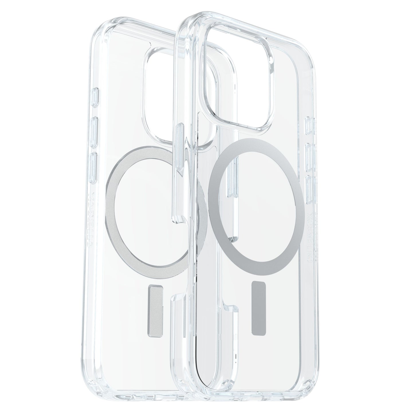 Otterbox Symmetry MagSafe gennemsigtige covers til iPhone 16 Pro med cirkulært magnet-design på bagsiden, to stk.
