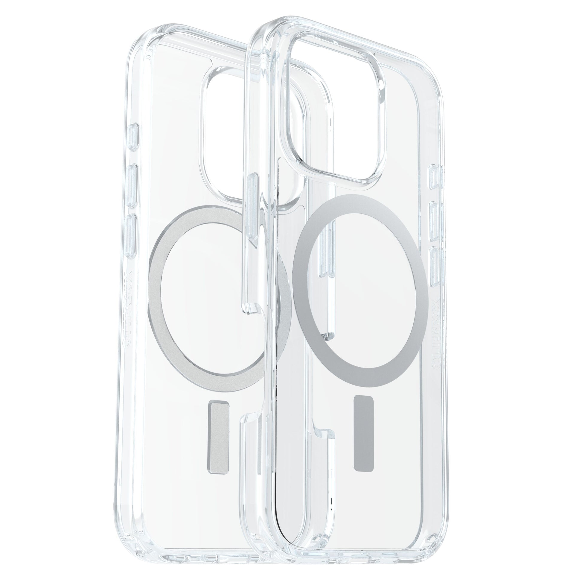 Otterbox Symmetry MagSafe gennemsigtige covers til iPhone 16 Pro med cirkulært magnet-design på bagsiden, to stk.