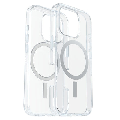Otterbox Symmetry MagSafe gennemsigtige covers til iPhone 16 Pro med cirkulært magnet-design på bagsiden, to stk.