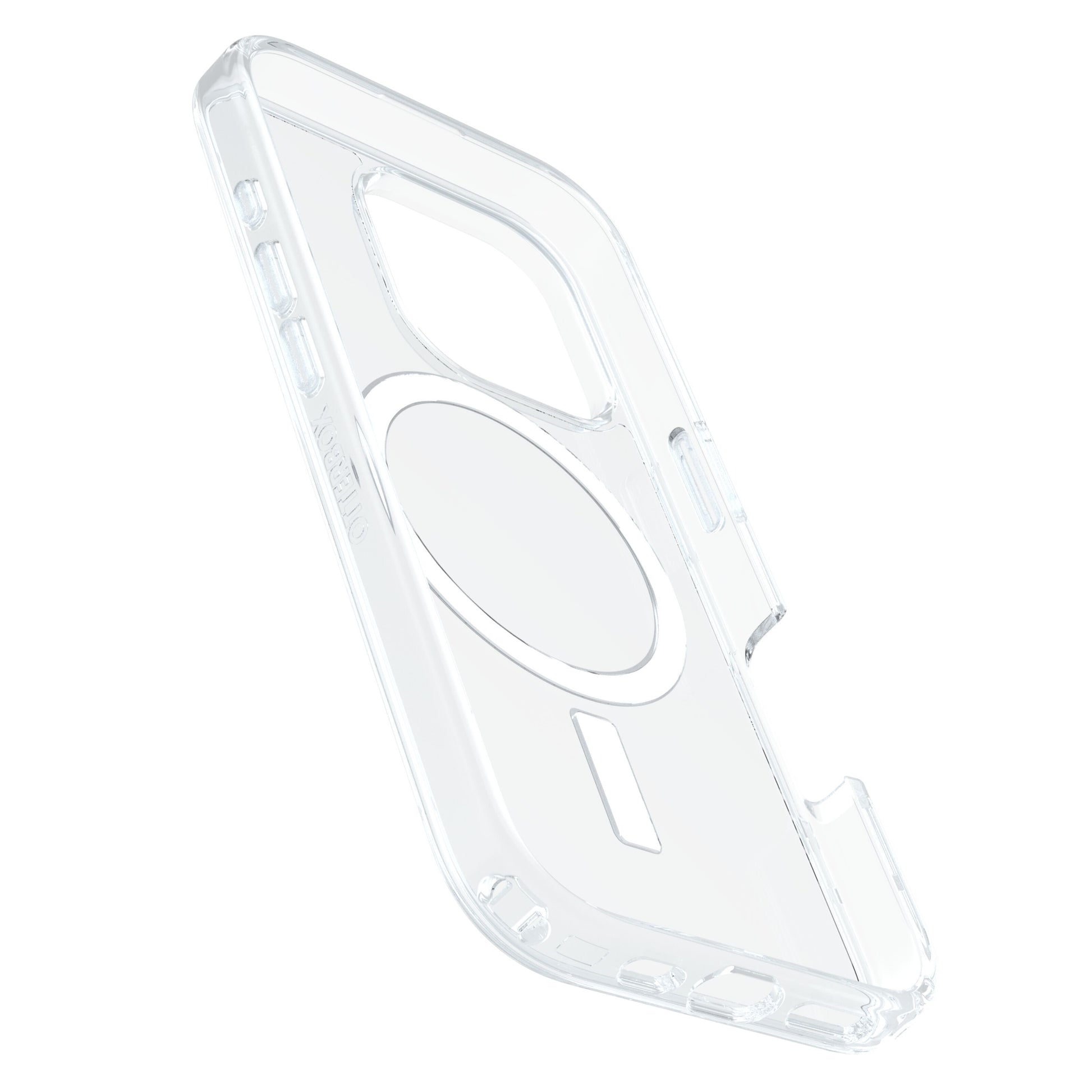 Otterbox Symmetry MagSafe cover til iPhone 16 Pro Klar, transparent med præcise udskæringer, MagSafe-ring og forstærkede kanter.