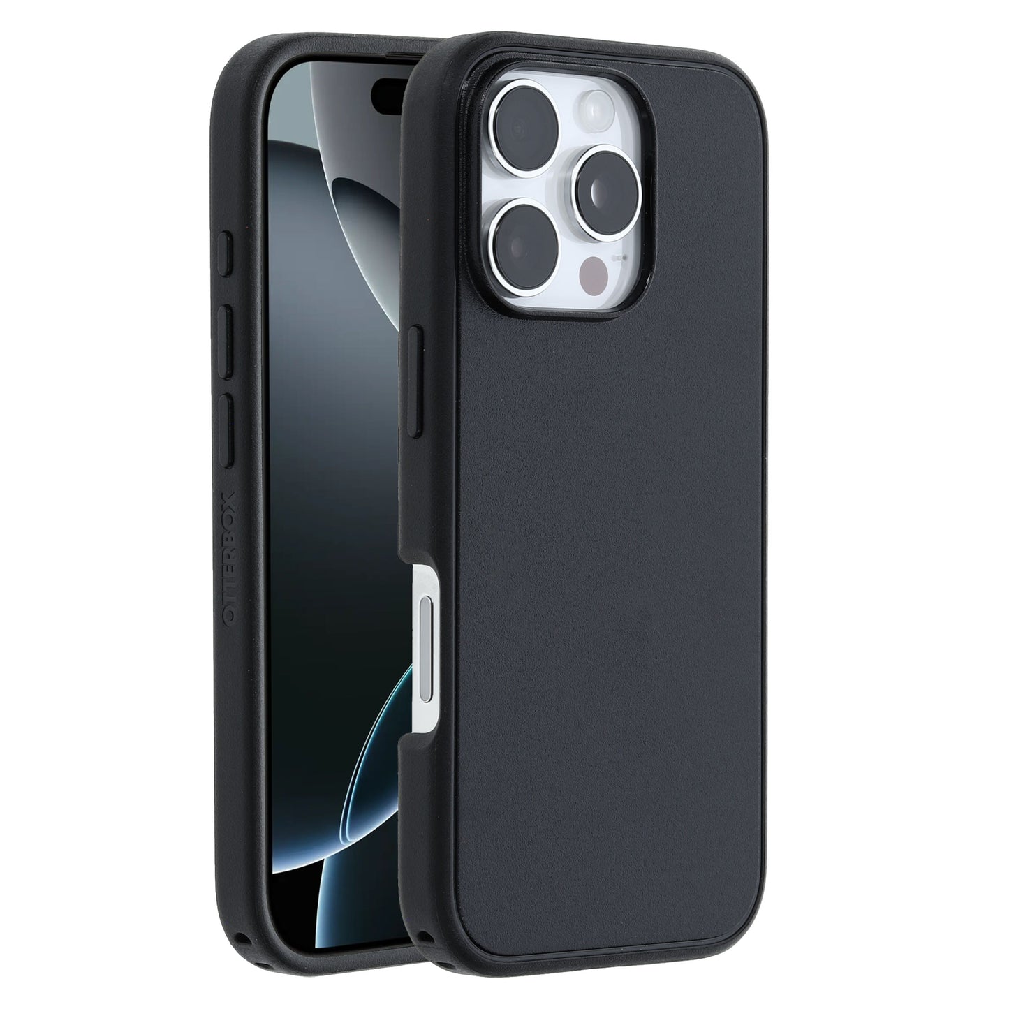 Otterbox Symmetry MagSafe cover til iPhone 16 Pro sort, glat finish, beskytter bagside og kanter, præcise åbninger.
