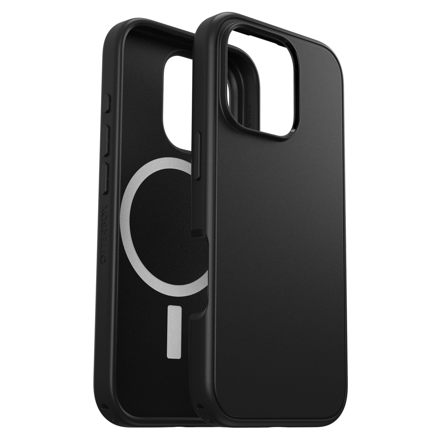 Otterbox Symmetry MagSafe cover sort til iPhone 16 Pro, vises med glat ydre og inderside med MagSafe-ring og præcise udskæringer.