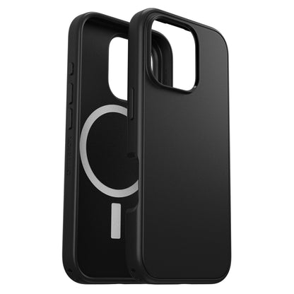 Otterbox Symmetry MagSafe cover sort til iPhone 16 Pro, vises med glat ydre og inderside med MagSafe-ring og præcise udskæringer.
