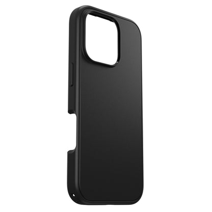 Otterbox Symmetry MagSafe cover til iPhone 16 Pro sort med stort kamerahul og oprejst vinkel.