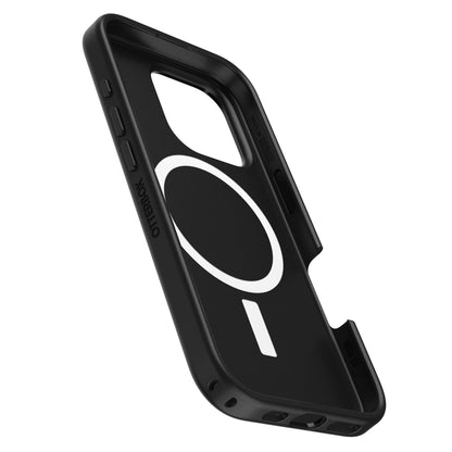 Otterbox Symmetry MagSafe cover til iPhone 16 Pro sort med hvidt cirkulært og rektangulært MagSafe-design indeni.