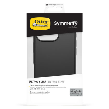 Otterbox Symmetry MagSafe cover til iPhone 16 Pro sort, retail æske med Otterbox-logo og tekst om militær faldsikring/MagSafe.