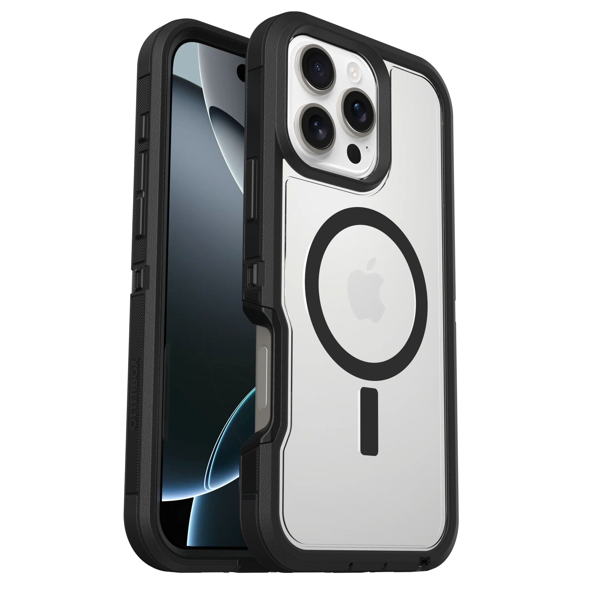 IPhone 16 Pro Max med sort og klar Defender XT Dark Side Robust cover, MagSafe-symbol synlig, delvist Apple-logo.