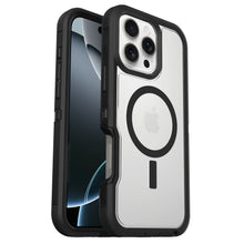 IPhone 16 Pro Max med sort og klar Defender XT Dark Side Robust cover, MagSafe-symbol synlig, delvist Apple-logo.