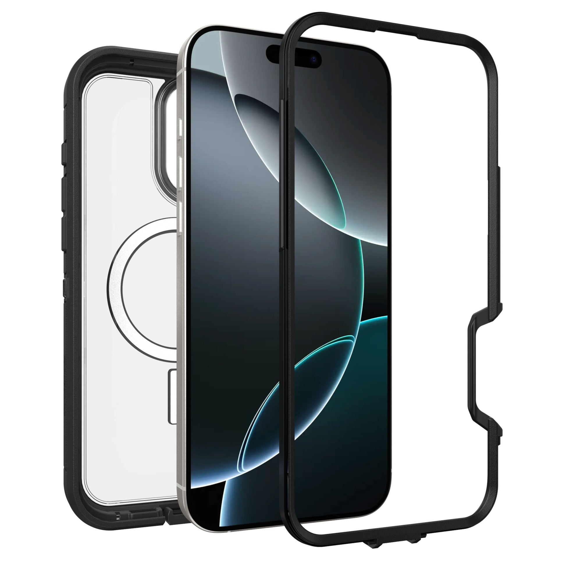 IPhone 16 Pro Max med mørk abstrakt baggrund ved siden af Defender XT Dark Side cover, sort kant, klar bagside, MagSafe.