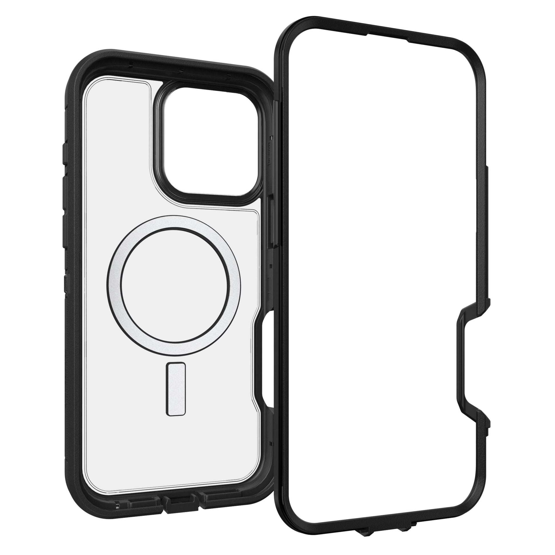 Otterbox Defender XT Dark Side cover til iPhone 16 Pro Max, to-delt, klar front, sort bagside, MagSafe-ring synlig.