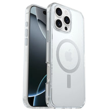 Otterbox Symmetry MagSafe cover til iPhone 16 Pro Max Klar vises forfra/bagfra med Apple-logo, cirkulær MagSafe, skærm, kamera.