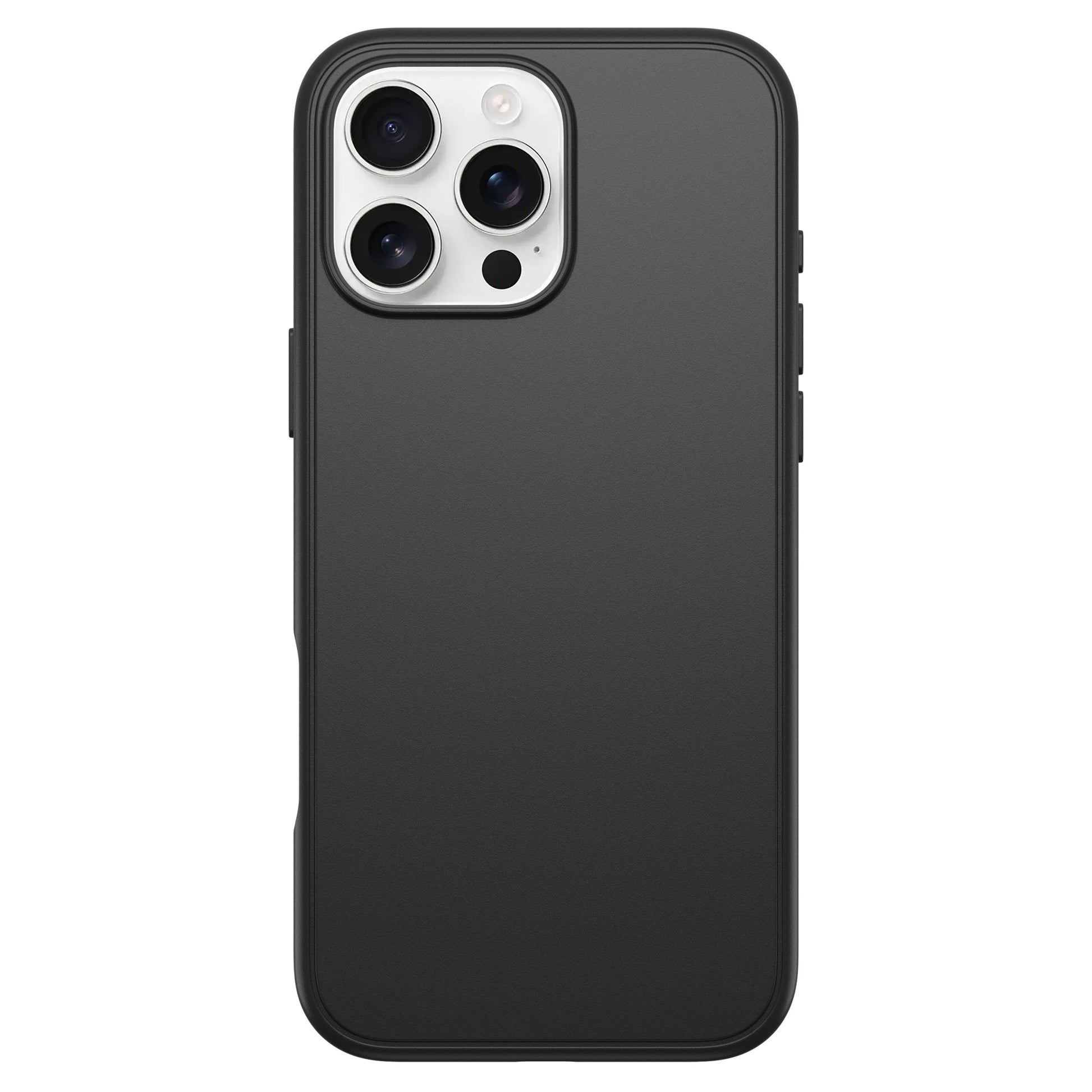 Otterbox Symmetry MagSafe cover til iPhone 16 Pro Max sort med åbning til tre kameraer og blitz i øverste venstre hjørne.