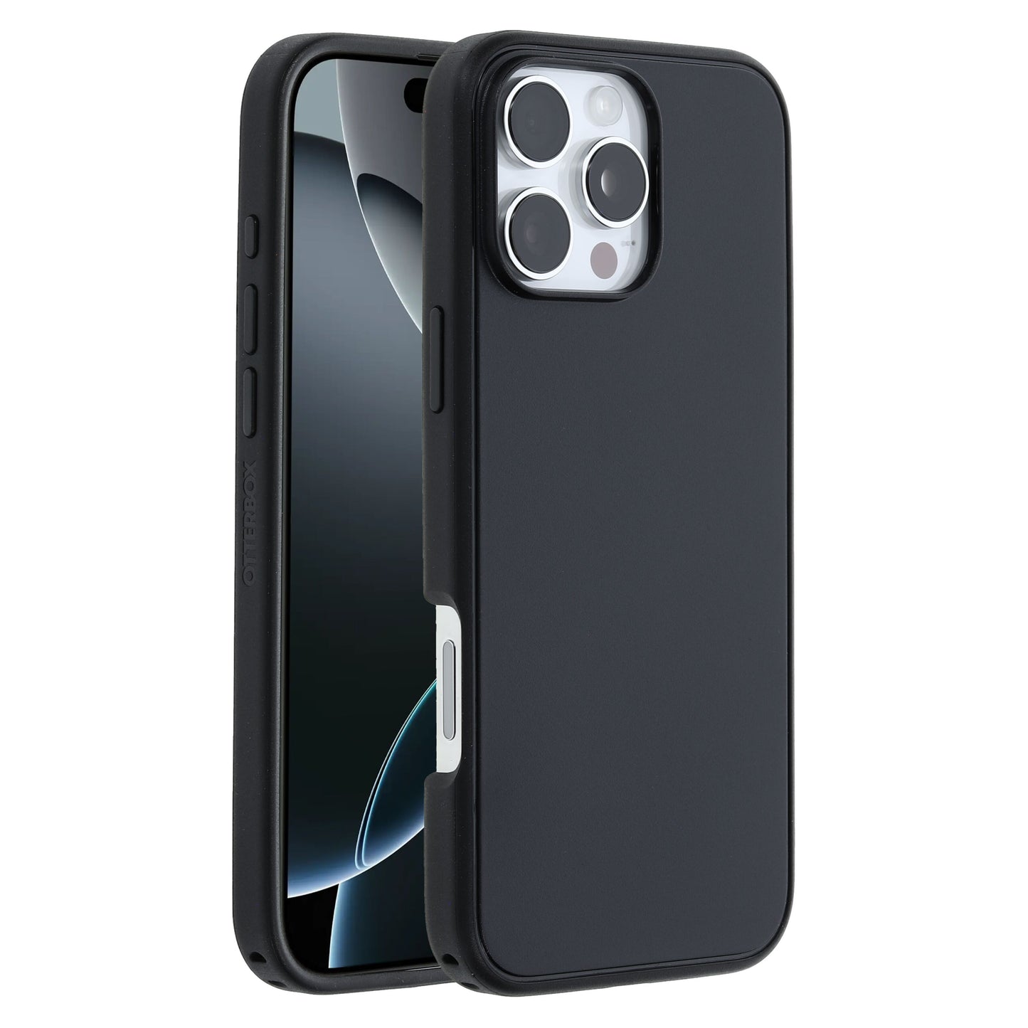 Otterbox Symmetry MagSafe cover til iPhone 16 Pro Max sort, vises for- og bagside med udskæringer til kamera og port.